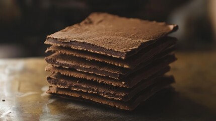 Aufkleber - Stacked chocolate wafers on wooden table showcasing rich texture and layers for dessert or confectionery concept.