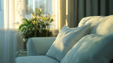 Fototapete - Cozy morning light illuminating a modern sofa with pillows and a green plant by the window creating a serene interior atmosphere