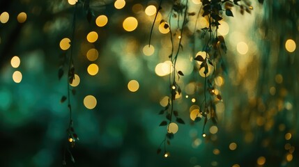 Poster - Green blurred background with bokeh lights and delicate foliage creating a dreamy, atmospheric texture for design and decoration use.