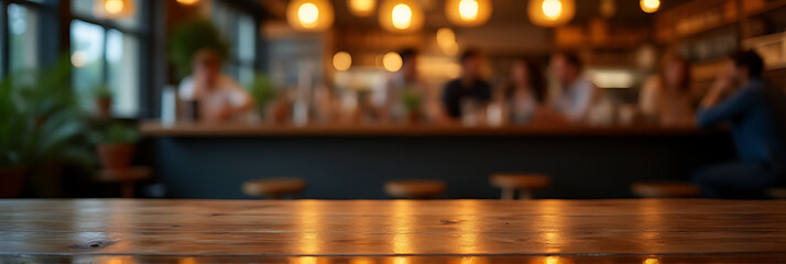 Poster - A wood table top with a blurred bokeh light effect in a dark setting of a busy night cafe restaurant ambiance._00002_
