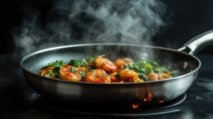 Poster - Italian pasta with shrimp and greens in a sizzling pan on a dark background showcasing healthy seafood cuisine and vibrant flavors