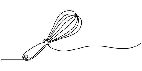 Poster - Continuous one line drawing whisk. Stock vector illustration, Whisk Kitchen Icon In Line Style, Recipe continuous line drawing with color shapes,  Single one line drawing Manual Mixer. Cooking. 