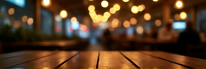 Poster - A wood table top with a blurred bokeh light effect in a dark setting of a busy night cafe restaurant ambiance._00001_