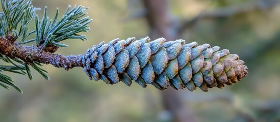Aufkleber - Mature cone on blue fir branch surrounded by hoarfrost with blue green spruce in soft focus background ideal for nature and seasonal themes