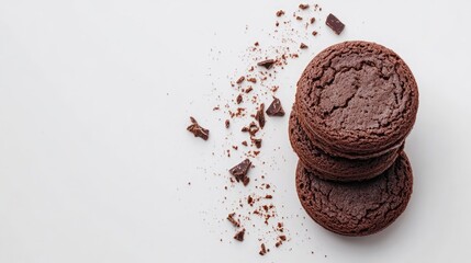 Aufkleber - Chocolate biscuit stack with scattered chocolate pieces on a clean white background perfect for dessert or baking themes.
