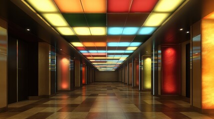 Poster - Vibrant architectural corridor featuring illuminated ceiling with colorful panels creating a playful and inviting atmosphere.