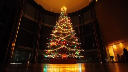 Aufkleber - festively decorated illuminated christmas tree with warm lights and vibrant ornaments in a modern indoor setting during the holiday season