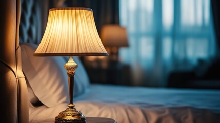 Poster - Luxury bedroom interior with elegant lamp highlighting a cozy and sophisticated atmosphere for modern home decor inspiration.