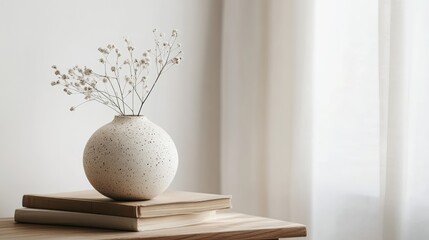 Poster - Scandinavian style still life featuring a ceramic vase and stacked books on a wooden table against a minimalist white wall backdrop.
