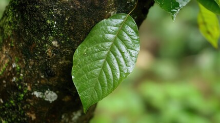 Aufkleber - Green leaf clinging to tree trunk surrounded by lush greenery showcasing nature's resilience and beauty in a tranquil forest setting