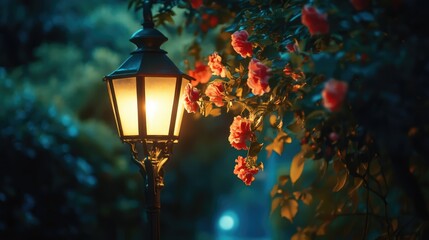 Aufkleber - Charming illuminated street lamp adorned with vibrant flowers in a tranquil nighttime garden setting