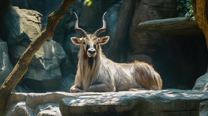 Poster - Majestic Markhor resting in a serene zoological garden surrounded by natural rock formations and lush greenery.