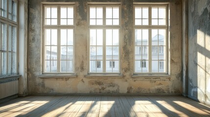 Fototapete - Natural light streaming through vintage French windows in an elegantly restored interior highlighting the beauty of old architecture.