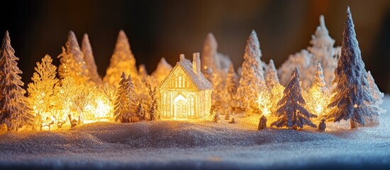 Poster - Winter wonderland scene with illuminated snow-covered trees and a charming cottage for a festive Christmas atmosphere