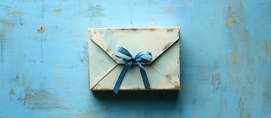 Poster - Vintage metal gift box with a blue ribbon on a paper envelope against a light blue textured background for elegant gifting presentations.