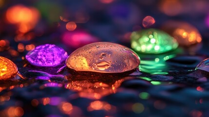 Poster - Vibrant illuminated pebble stones with water droplets glowing in a spectrum of colors including green red purple orange and pink