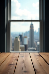 Aufkleber - A wood table top is situated in front of a blurred city view through a window surrounded by a wall._00004_