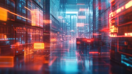 Poster - Data processing warehouse with digital interface and global connectivity showcasing advanced computing technology in a futuristic environment