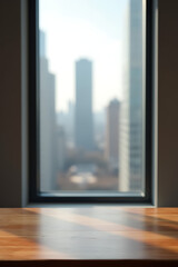 Aufkleber - A wood table top is situated in front of a blurred city view through a window surrounded by a wall._00001_