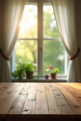 Aufkleber - A wood table top is selectively focused while a blurred curtain, window, and garden background create a visually appealing key image._00004_