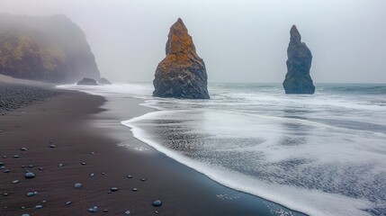 Poster - Serene coastal landscape featuring natural rock formations shrouded in mist on a sandy beach with gentle waves.