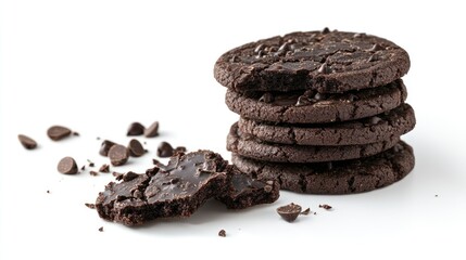Aufkleber - Stack of dark chocolate chip cookies with crumbs on white background showcasing delicious homemade bakery treats and desserts.