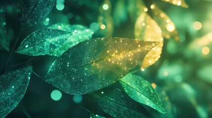 Poster - Glowing green leaf with shimmering texture and light bokeh background creating a magical natural ambiance