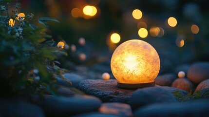 Aufkleber - Soft glowing orb light illuminating a serene garden pathway adorned with pebbles and bokeh lights at night.