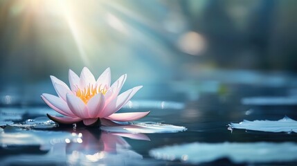 Aufkleber - Lotus flower blooming in serene pond illuminated by soft sunlight creating a tranquil and peaceful natural scene