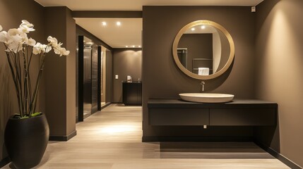 Poster - Contemporary bathroom entrance showcasing stylish interior design with modern fixtures and elegant decor.