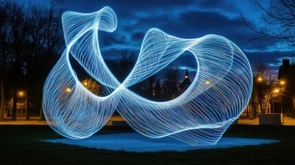 Poster - Dynamic light painting sculpture illuminated at night against a serene sky showcasing vibrant swirling patterns and urban ambiance.