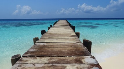 Aufkleber - Serene jetty extending over calm turquoise waters with a clear blue sky and distant clouds creating a tranquil beach scene.