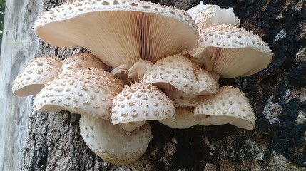 Poster - Mushrooms thriving on tree bark showcasing unique textures and natural growth patterns in a forest environment