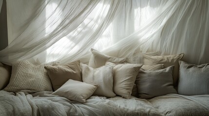 Poster - Cozy living room scene with assorted pillows on a couch draped in soft sheer fabric creating a serene and inviting atmosphere
