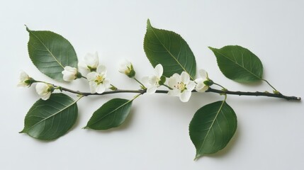 Poster - Branch with white flower blossoms and dark green smooth leaves arranged on a flat surface showcasing natural beauty and vibrant colors