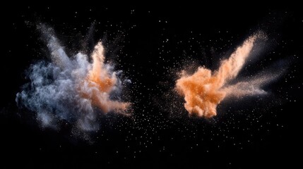 Poster - Colored powder explosions in freeze motion creating vibrant clouds against a dark background showcasing dynamic color contrasts and textures