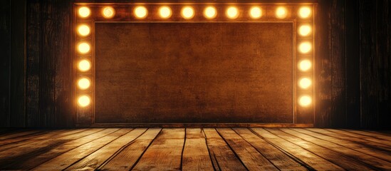 Poster - Aged wooden desk backdrop with illuminated frame highlighting an empty space for text in a vintage theater style setting