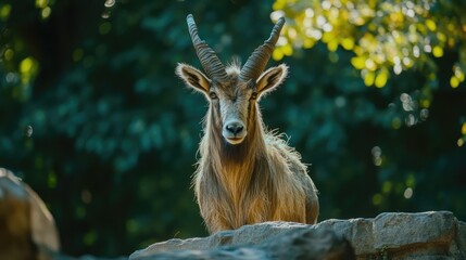 Poster - Markhor goat standing proudly in a lush zoological garden, showcasing its majestic horns and vibrant surroundings.