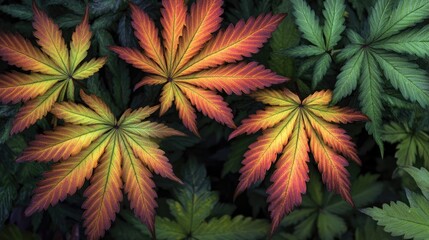 Poster - Vibrant Green and Red Leaves in a Lush Garden Setting Showcasing Autumn Colors and Natural Beauty