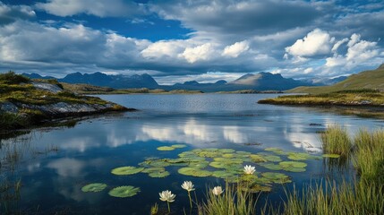 Poster - Scenic landscape featuring serene lake with lotus flowers and mountains under a dramatic sky reflecting on calm waters