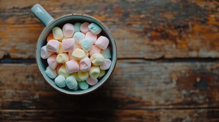 Poster - Colorful marshmallows overflowing in a cup on rustic wooden background inviting cozy and sweet indulgence for dessert lovers.