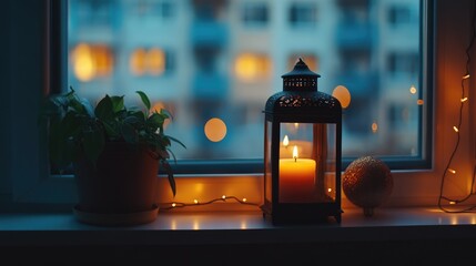 Poster - Warm glowing lantern with bokeh lights on window sill creating a magical winter atmosphere detailed still life composition