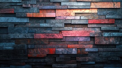 Poster - Textured stacked natural stone tiles in multicolored granite for exterior wall cladding and architectural design background and elevation.