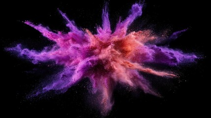 Poster - Vibrant colored powder explosion in freeze motion against a dark background showcasing dynamic splashes and striking hues of purple and orange