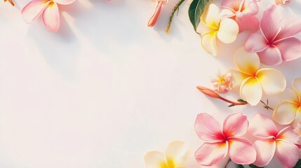Poster - Frangipani Flowers in Soft Pink Yellow on Light White Background with Fresh Petals and Green Leaves for Floral Design and Decoration