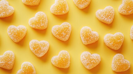 Aufkleber - Heart-shaped marmalade sweets coated in sugar on a vibrant yellow background creating a cheerful and inviting dessert display