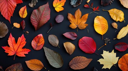 Poster - Autumn Leaves Arrangement Colorful Natural Patterns on Dark Background for Seasonal Design and Decorative Use