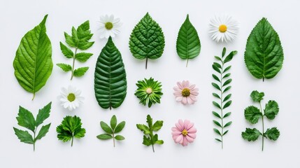 Poster - Natural Flat Lay of Assorted Leaves and Flowers on White Background for Eco-Friendly Design and Nature-Themed Projects