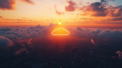Poster - Glowing cloud icon above cityscape at sunset representing secure digital data storage concept with multi exposure technique