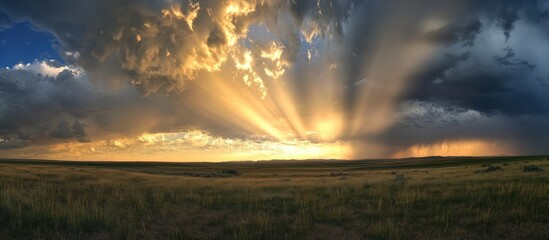 Aufkleber - Dramatic Cloudy Sky with Mystical Rays Illuminating a Serene Landscape at Sunset